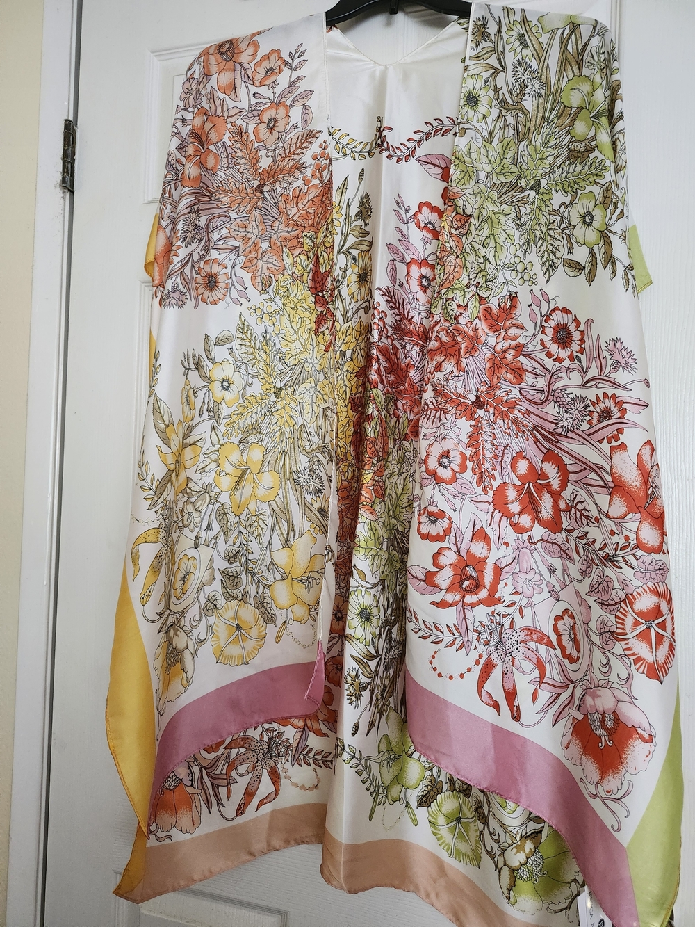 Jessica McClintock Cream Floral Kimono with Coral, Yellow & Green Accents